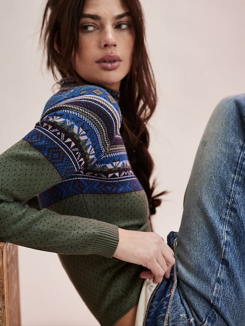 Free People Olive Green Fair Isle Knit Bodysuit Sz.S